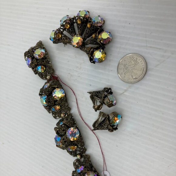 Vtg CZECHO ? GERMANY ? 1940 filigree earrings brooch bracelet set - Picture 1 of 2